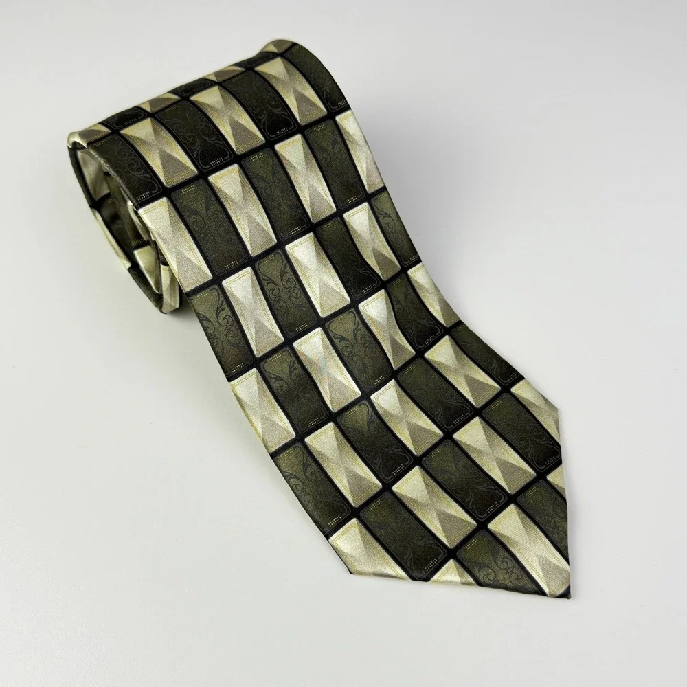Bergamo New York Mens Handmade Pure‎ Silk Necktie Olive Green Gold Geometric